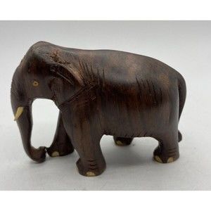 Vintage Hand Carved Elephant Wooden Sculpture Figurine Statue With Tusks 3.25 In